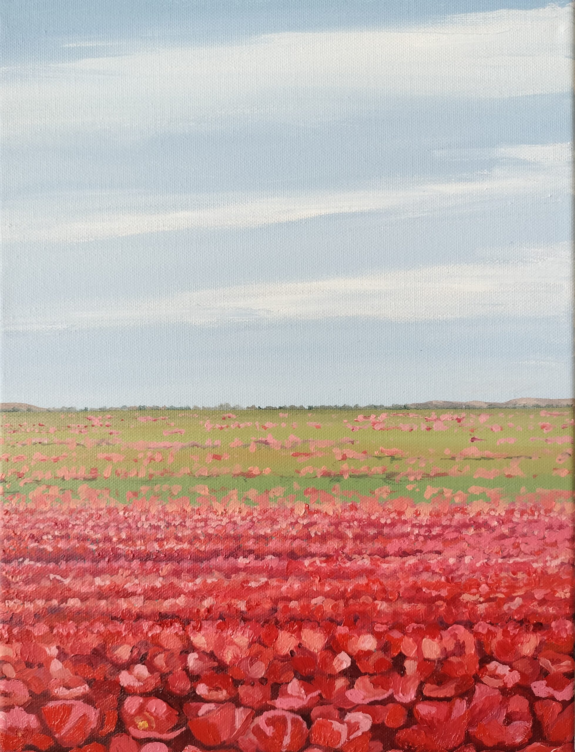 Paisaje de primavera El resultado es una pintura que transmite amplitud, silencio y luminosidad, capturando la vibración del paisaje natural y la belleza efímera de un campo en plena floración.